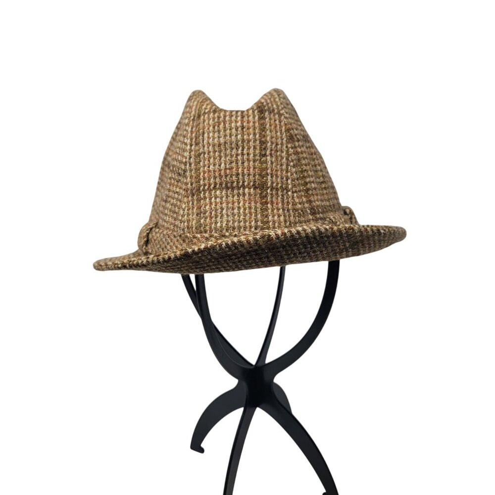 Vtg Stetson Plaid Tweed Wool Plaid Fedora Hat Sz 7 3/8 Beige Brown Classic Retro